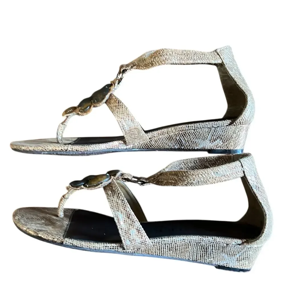 New York Transit Woman's 8M Metallic Snakeskin Sandals Slip On Small Wedge